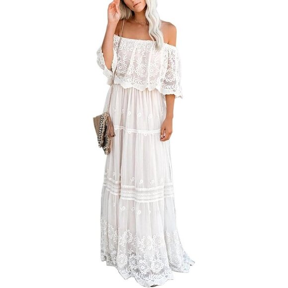 MERMAID'S CLOSET Women's Casual Off Shoulder White Lace Maxi Dress Party Dress - Picture 1 of 7